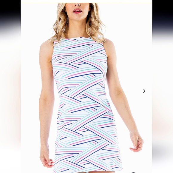 MAHI GOLD Ryder Dress in Chatham Cloth: Chart Your Course in Peony Pink. Size M - Picture 1 of 10